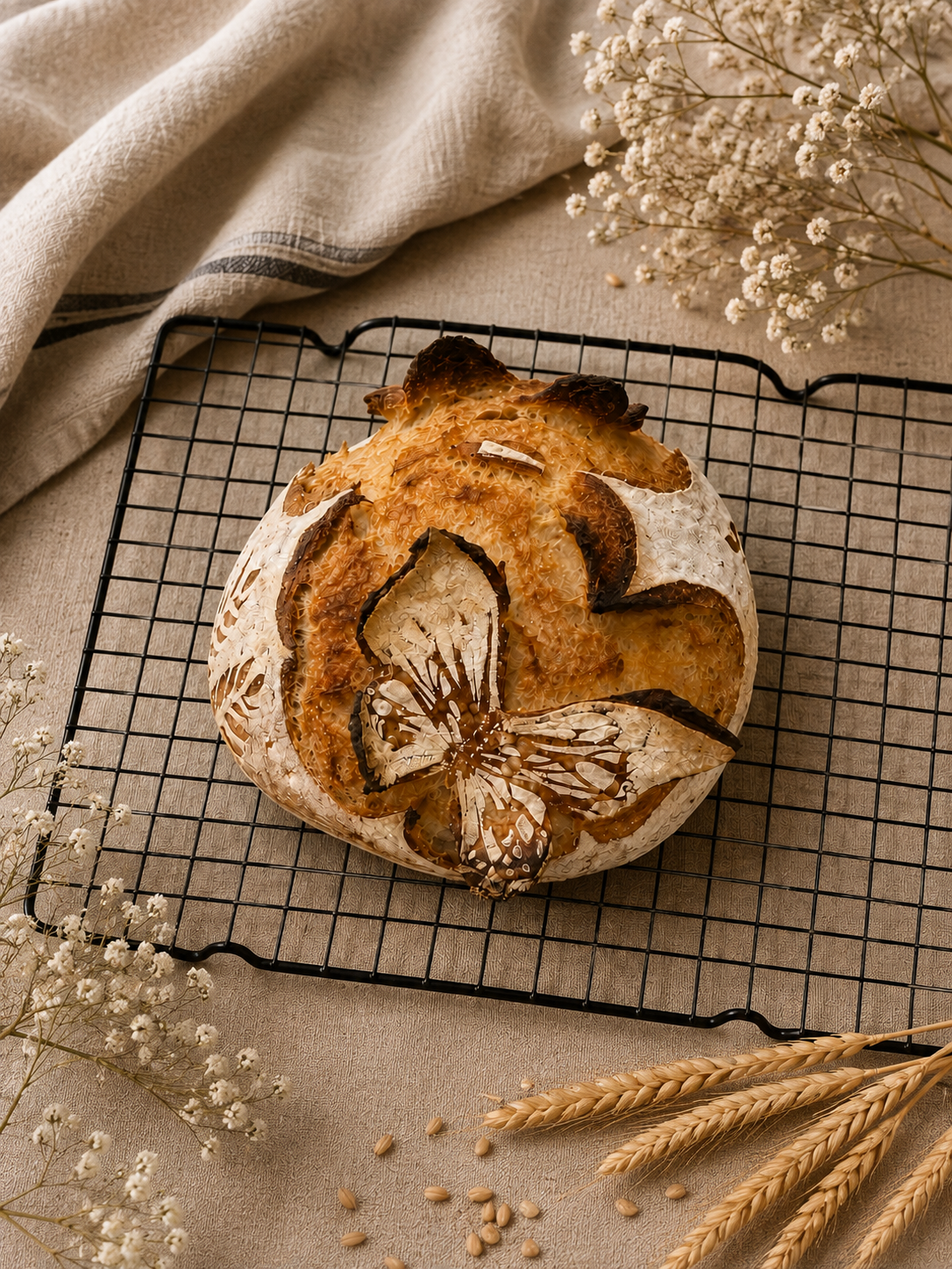 Shika & Crumb sourdough loaf with decorative scoring